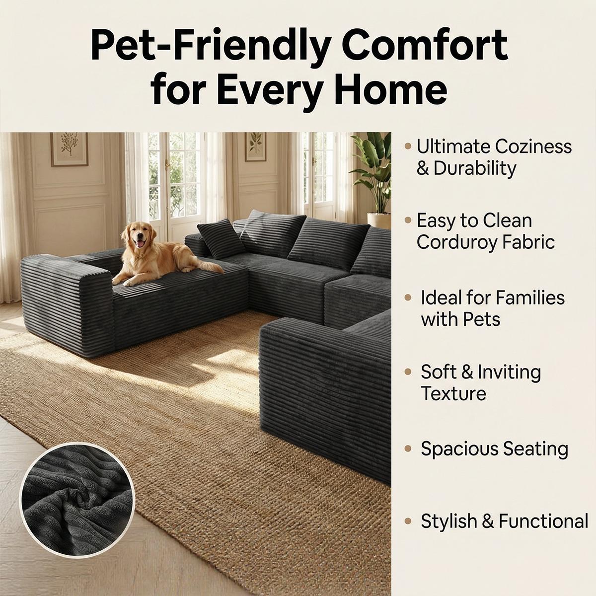 Pre-Assembled U-Shaped Modular Corduroy Sectional Couch - Soft Fabric, Space-Saving Indoor Living Room Furniture, Convertible Sofa Bed with Memory Foam Pillow, Fluffy Black