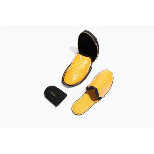Women's Yellow Crocodile Embossed Leather Foldable Slipper with Eco-Fur