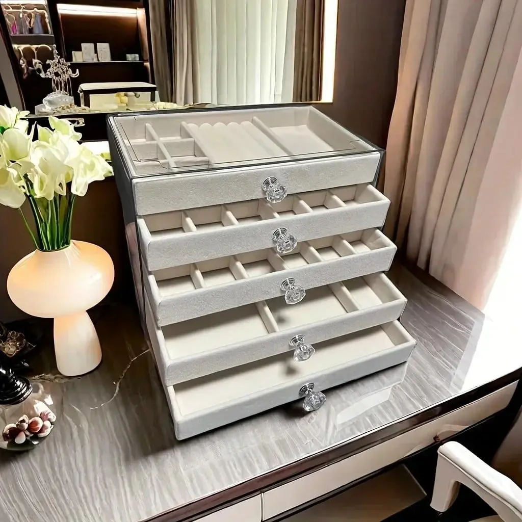 5-Tier Transparent Smooth Acrylic Decorative Organizer Box - Dustproof Modern Rectangle Storage with Divided Compartments Organiser, Foldable Adjustable Durable Portable Vanity Case for Dresser Organization, Bedroom Jewelry, Anniversaries Gift