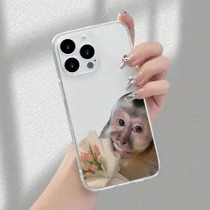 Adorable Monkey Holding Pink Tulip Pattern, Hot-Selling Creative Cartoon Design Transparent TPU Phone Case, Fun and Stylish Minimalist Trendy Gift for Men and Women Suitable for iPhone 16 15 14 13 12 11