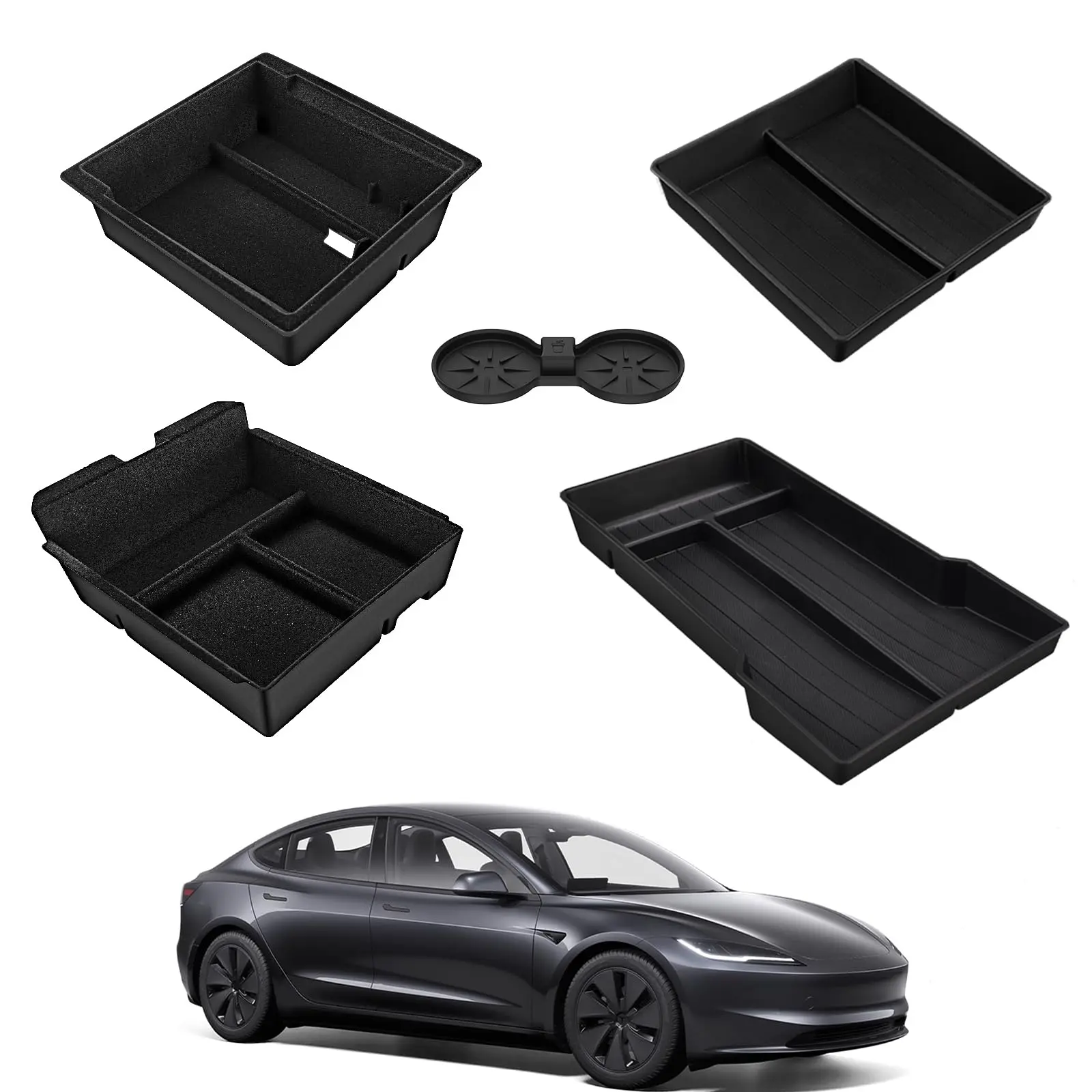 5Pcs Center Console Organizer Tray Set with Cup Holder for 2024 2025 Tesla Model 3 Highland, Hidden Storage ABS Accessories
