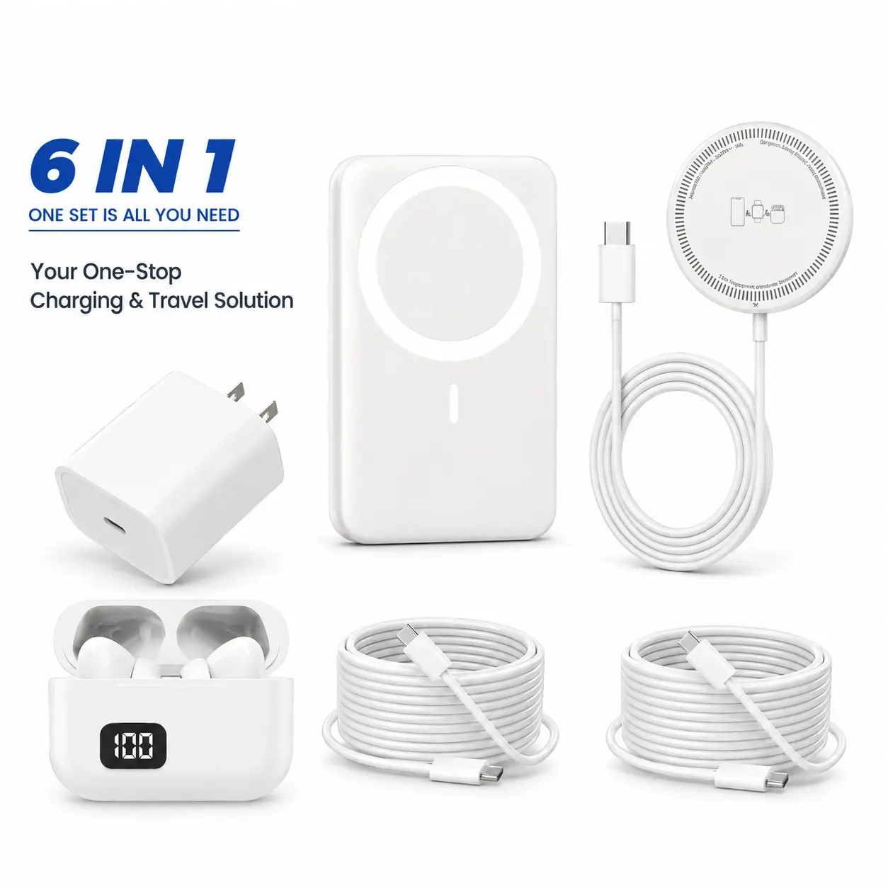 6-in-1 Charging and Audio Kit, 5000mAh Magnetic Wireless Power Bank, Wireless Earbuds, Charging Pad, 20W USB-C Wall Adapter, USB-C and 8-Pin Charging Cables, Portable Travel Accessory Set