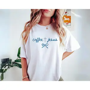 Coffee and Jesus Coquette T-Shirt, Christian Bow Tee, Faith and Caffeine T-Shirt, Bible Verse Inspired TShirt, Trendy Religious T-Shirt