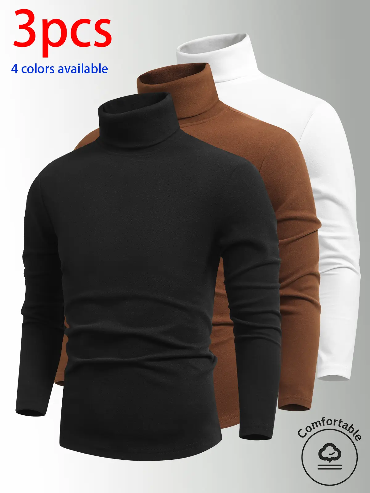 3-pack men’s long-sleeve items: men’s long-sleeve T-shirt, men’s high-neck long-sleeve top, and men’s fleece high-neck base layer shirt. Stretch fabric that isn’t tight; solid color, minimalist long-sleeve layering top—basic style. High-neck design provid