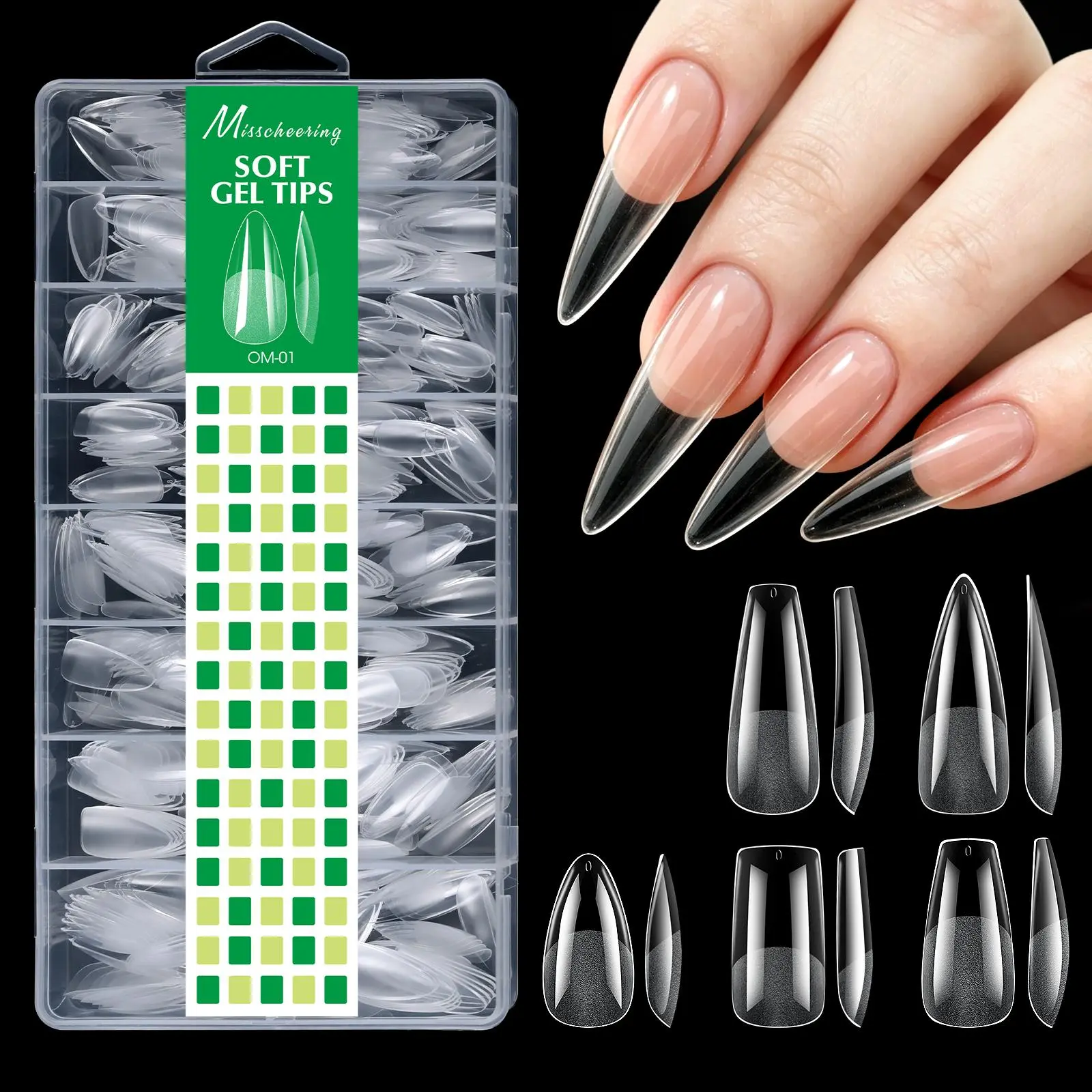 Misscheering Medium Almond Soft Gel Nail Tips Clear Pre Etched Matte No File Full Cover Fake Nail Extensions DIY Salon Manicure