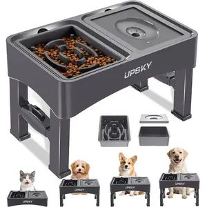 2-in-1 Elevated Dog Bowls Slow Feeder, 4 Height Adjustable Raised Dog Bowl Stand No Spill Dog Water Bowl Dispenser, Anti-Slip Dog Food and Water Bowl for Small Medium Dogs