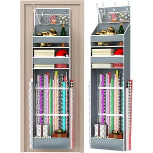 Grey Hanging Gift Wrapping Paper Storage Bag, Christmas Wrapping Roll Container Long Craft Roll Organizer, Present Wrap Holder for Closet and Door