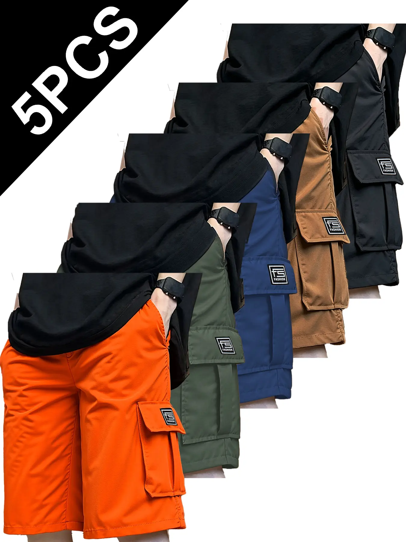 Men's 5-Pack Polyester Cargo Shorts for Summer, Casual Mid Waist Fit with Drawstring and Multiple Pockets, Large Pockets