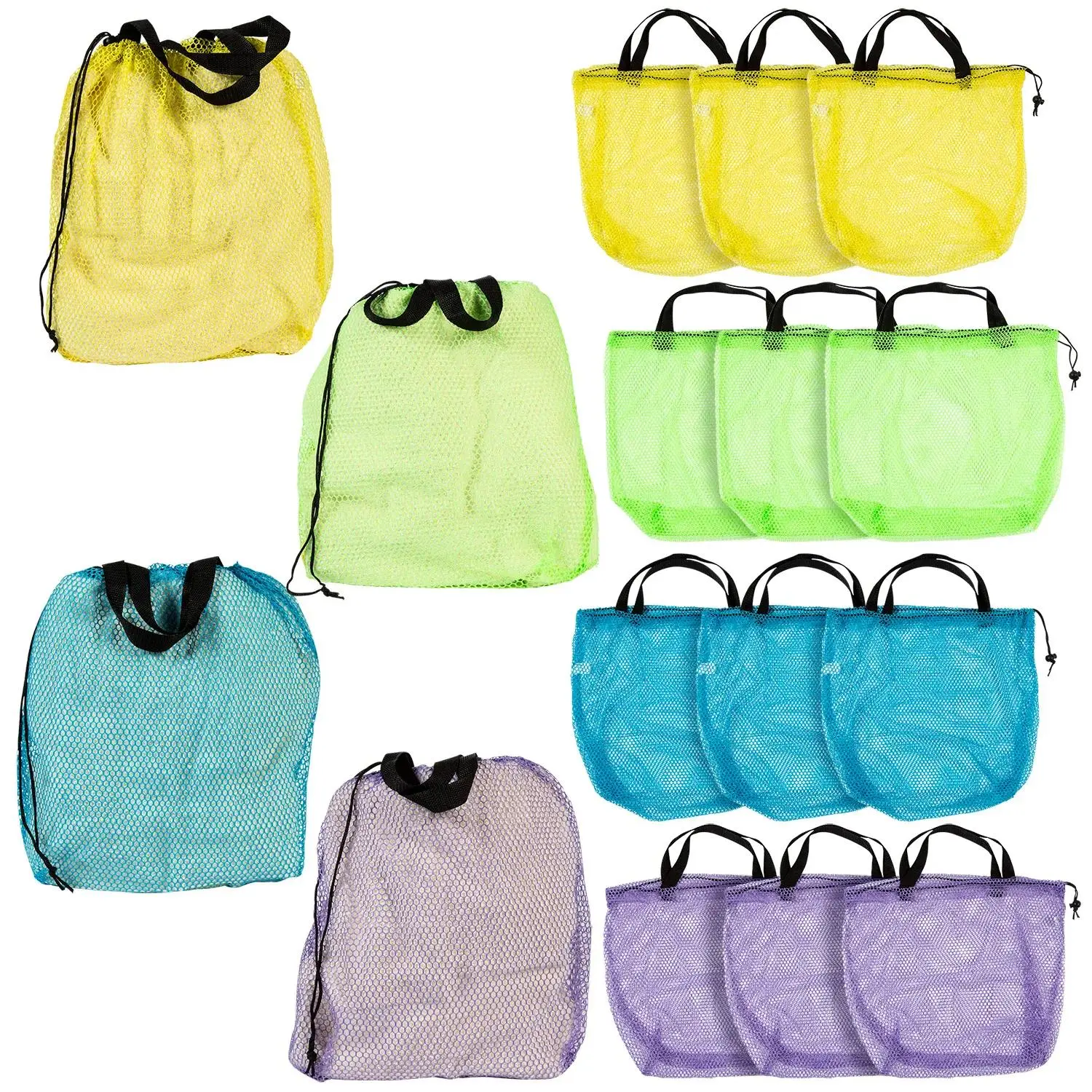 Men's Mesh Beach Drawstring Bags, 16.5x16in Lightweight Nylon, 12-Pc Multicolor for Birthday Party, Beach Party, Solid Colors