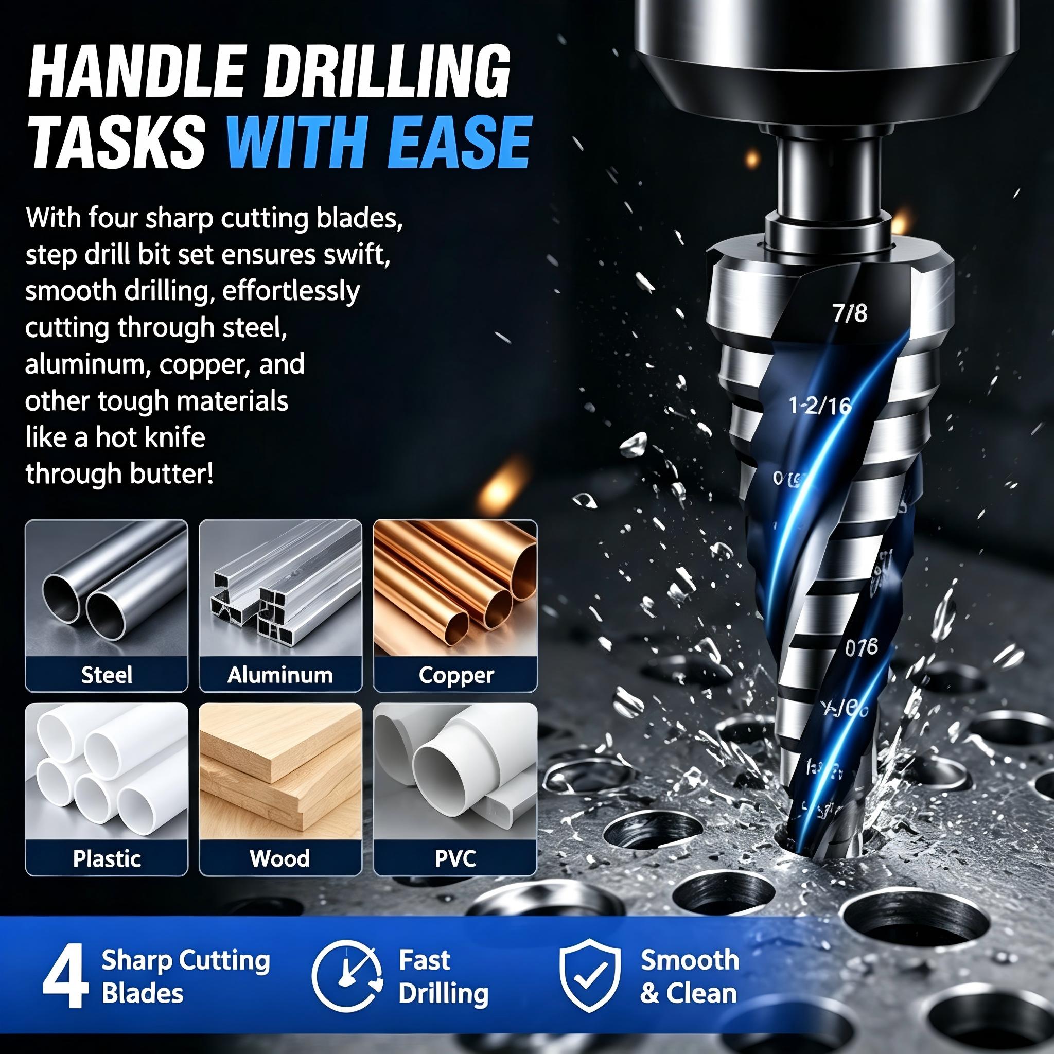 Step Drill Bits, Four Spiral Flute 5PCS HSS Titanium Step Drill Bit Set for Stainless Steel,Metal,Aluminum,Wood,Plastic Step Drill Bits, Four Spiral Flute 5PCS HSS Titanium Step Drill Bit Set for Stainless Steel,Metal,Aluminum,Wood,Plastic