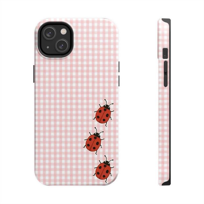 Cute Ladybug Phone Case – Polka Dot & Gingham Aesthetic Bug Art Cover for iPhone 15 14 13 12 11 Pro Max XS XR & Samsung Galaxy S21–S25 Ultra| Kawaii Red Ladybird Pattern Case, Soft Girly Cottagecore Gift for Her