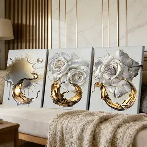 3 Counts Wooden Framed Canvas Painting, Elegant White Rose And Gold Liquid Art Images, Exquisite Poster, Perfect Gift, Decor For Living Room, Bedthroom, Modern Art, Fashion Family Poster, Wall Art Decoration