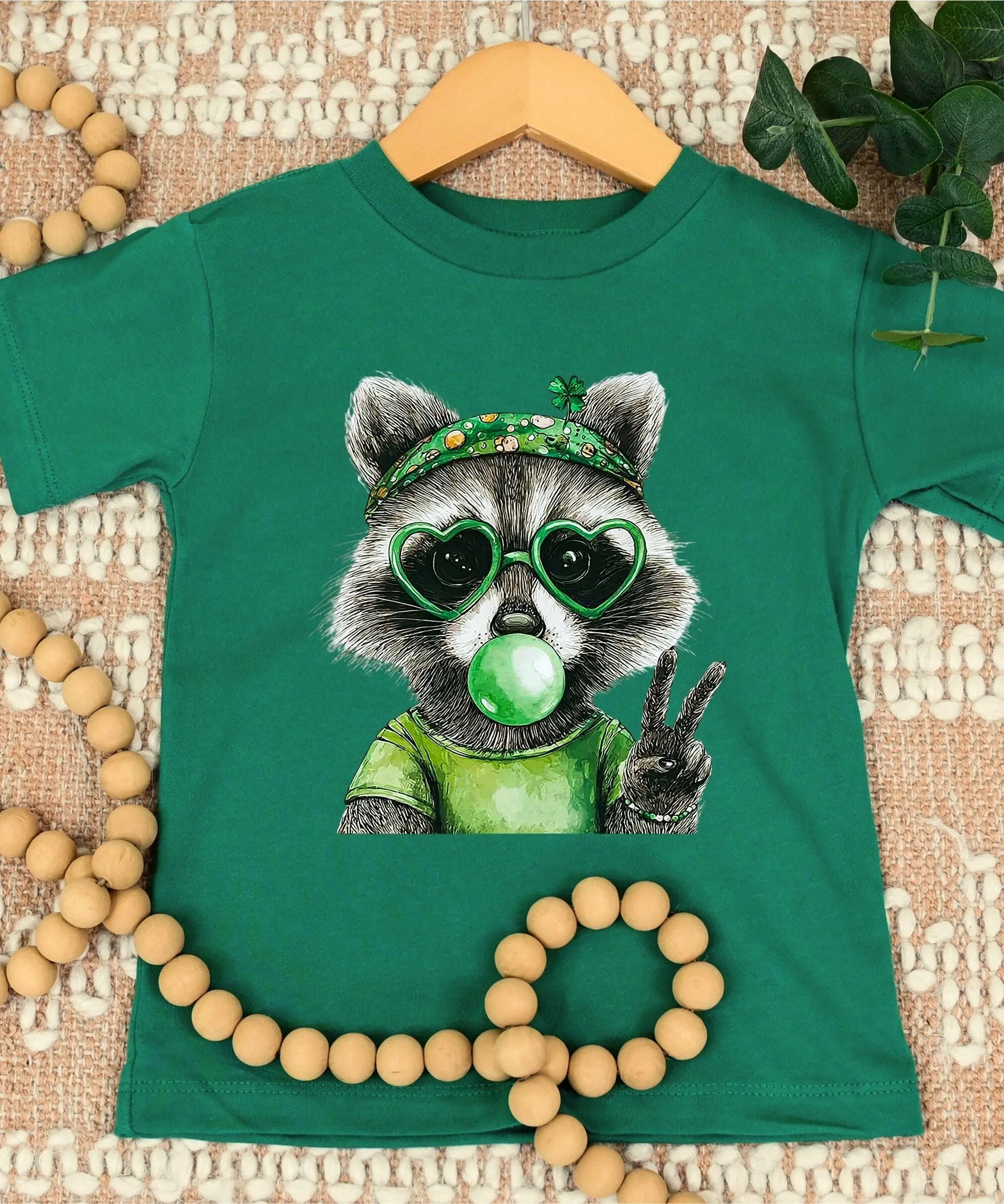 St Patricks Day Youth Shirt, Cute Shamrock Raccoon Outfit, Youth Tee, Feral Youth Fun Green Holiday Apparel