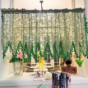 Vintage Lace Floral Design Semi-Transparent Curtain, Fringe Edge Kitchen Coffee Curtain, American Country Style Short Curtains, Net Curtains Window, Home Decoration Curtain