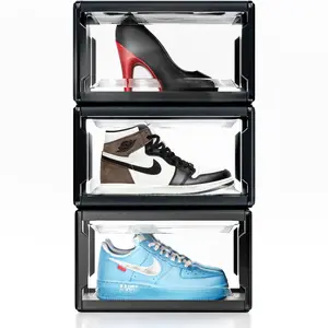 Urban Loft Premium Acrylic Shoe Boxes Stackable,Clear Shoe Organizer for Closet-Pack of 3| Large Sneaker Storage Box | Sneaker Clear Shoe Case for Sneakerheads with Drop Lid Shoe Display Case, Black Urban Loft Solution shoe  rack   storage