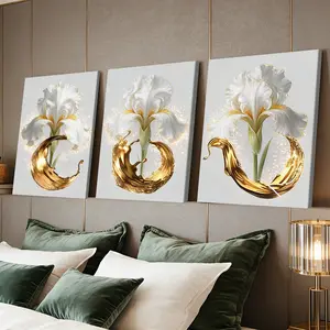 3 Counts Wooden Framed Canvas Painting, Elegant White Iris With Golden Splash Images, Exquisite Poster, Perfect Gift, Decor For Living Room, Bedthroom, Modern Art, Fashion Family Poster, Wall Art Decoration