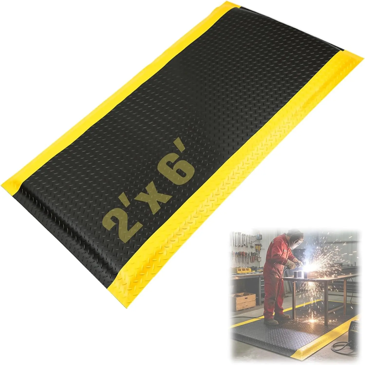 2x6 FT Industrial Anti Fatigue Mat 15/16 Inch Thick | Fatigue Reducing Cushioned Sponge Surface For Standing Work Kitchen Workshop Non Slip Base