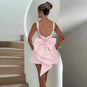White Pearl Backless Bow Evening Party Dress Women 2024 Robes Elegant Sexy Dress Bodycon Mini Summer Dress Vestidos Formal Black