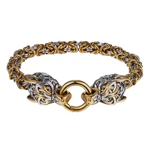 OIDEA Viking Wolf Byzantine Chain Men's Bracelet, Celtic Norse Stainless Steel Wolf Head Charm Cuff Bracelet