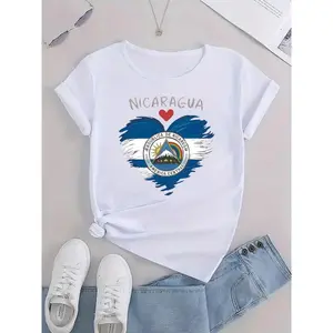 180g[100%cotton]Women's Casual Short Sleeve T-Shirt - I Love Nicaragua Flag & Pledge Graphic Print, Round Neck, Medium Stretch, Machine Washable, All-Season Comfort Top for Casual Attire & National Pride,White