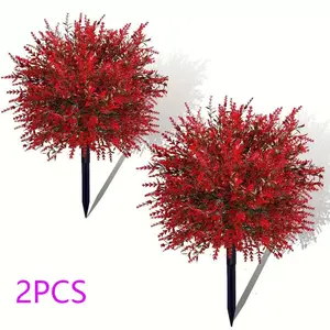 2 trees - realistic red lavender eucalyptus with ground stakes - UV-resistant artificial red flower decoration, Lifelike artificial flower, suitable for indoor and outdoor, weddings, seasonal events, garden decoration, all-year-round decoration