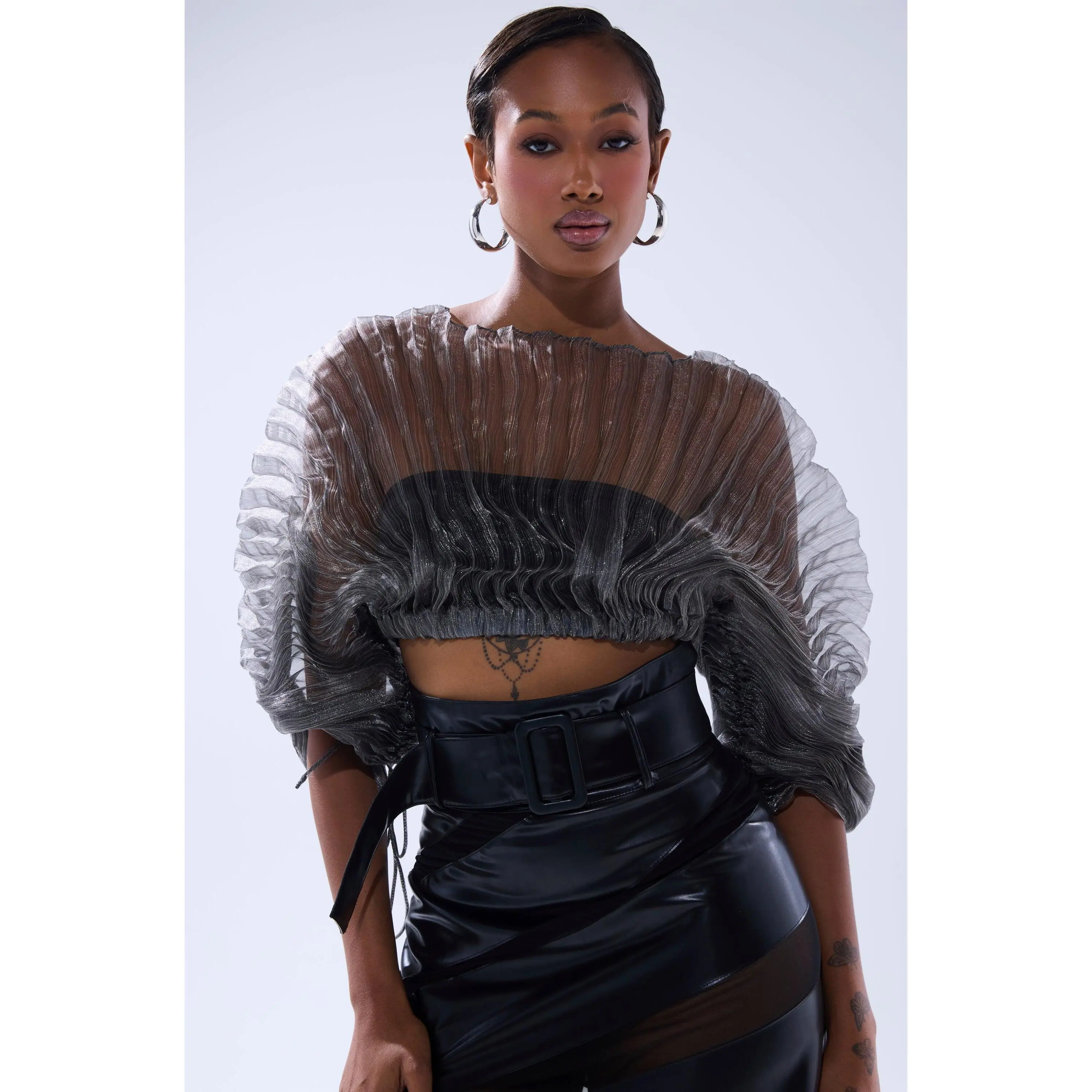 SHEER PLEATED CROP TOP IN GREY - TikTok Shop
