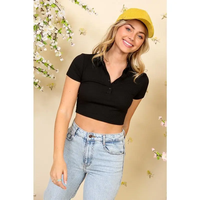 LAUREN COLLARED RIBBED KNIT POLO CROP TOP