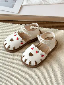 Cherry Embroidered Pearl Girl Sandals, Sweet Style for Daily Wear, Kindergarten, Outdoor Activities, Casual Solid Design