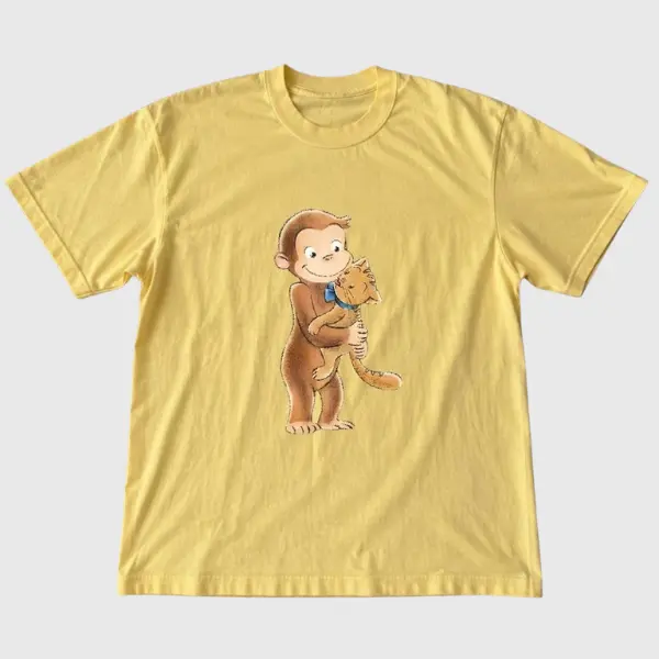 Cute Monkey T Shirt - Cartoon Monkey Hugging Cat Graphic Tee - Adorable Animal Lover Shirt - Whimsical Funny Graphic Top - Unisex Men's Women's Casual Cotton Short Sleeve Tee