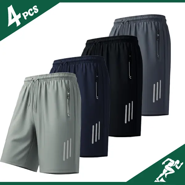 4-Pack quick-drying breathable sports shorts, drawstring waist zipper pocket, side striped decoration, daily fitness casual five-point pants set