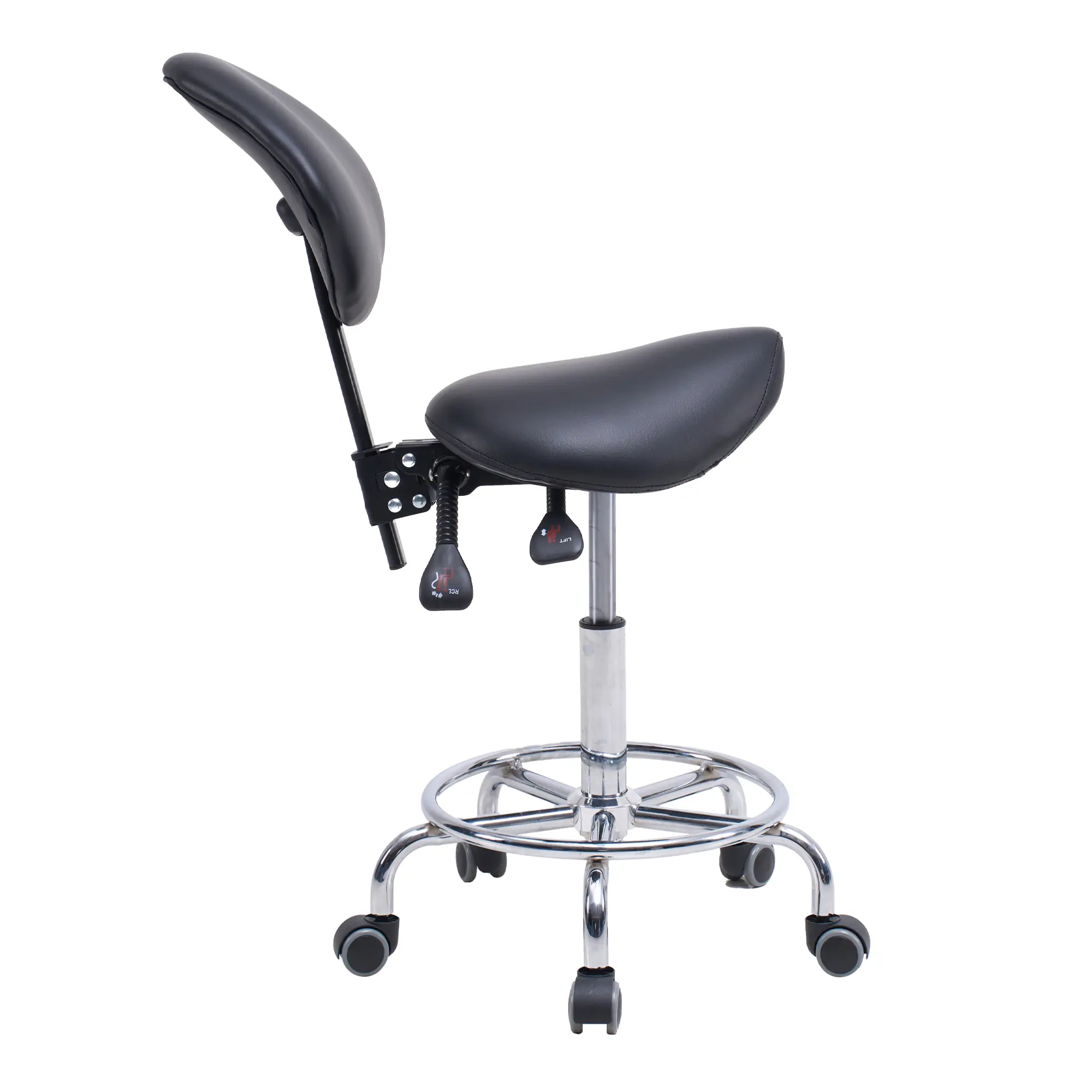 XUAN Adjustable Ergonomic Saddle Stool Chair with Curved Backrest, 360-Degree Free Rotated Seat Cushion, Hydraulic Tilt, Wheels, Footrest, 300-lb Capacity - Commercial Furniture for Hospital, Dental Clinic - Black