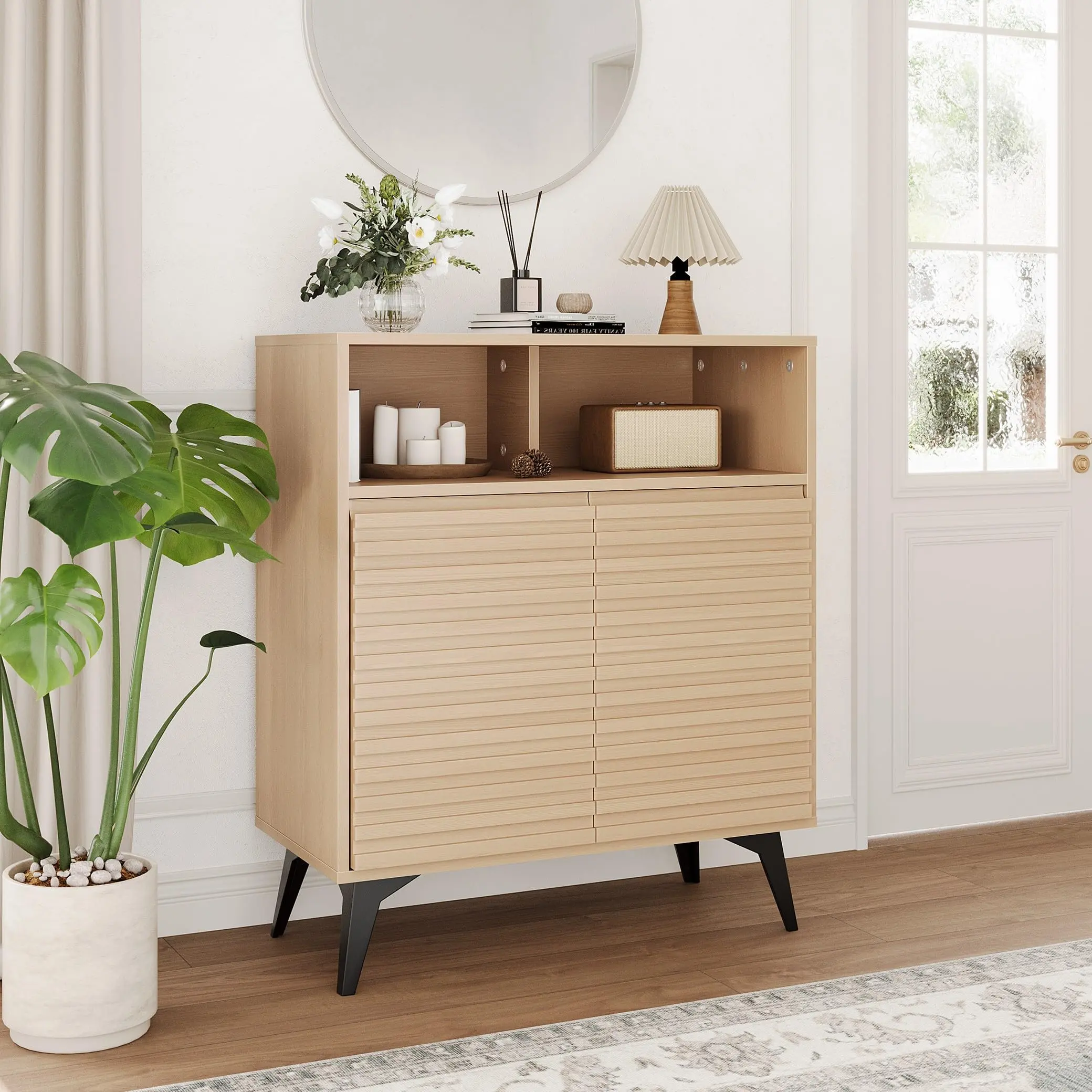 Garvee Modern Wood Laminate Grille Locker with 2 Doors - Multi-Functional Storage Cabinet for Home, Office, or Entryway, Dimensions: 28.34" W x 33.46" H, Wood Color Finish