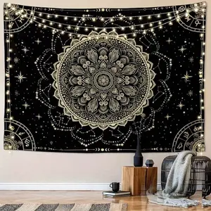 Bohemian mandala tapestry, black and gold, astrological inspiration wall art, suitable for bedroom, living room, dormitory decoration, includes free installation kit， bedroom decor mens room decor bedroom decorations trippy room decor y2k room decor