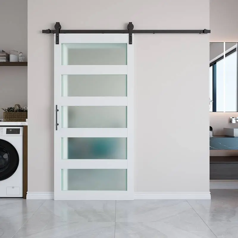5-Lite Sliding Frosted Glass Door,Preassembled Panel MDF&PVC for Closet Pantry Bedroom Livingroom Study Office With Hardware Kit& Handle& Floor Guides,Pre-Drilled Holes Easy Assembly - Include Installation Manual