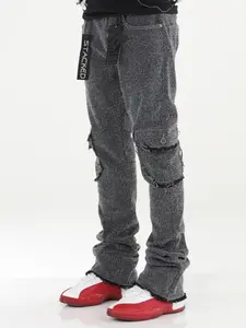 Gray Wool Denim Stacked Flare Jeans Mens Urban Streetwear