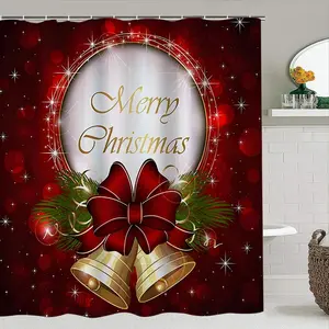 1/4pcs Christmas Bell & Bow Print Shower Curtain Set, Includes Bath Mat, U-Shaped Toilet Pad, Perfect Holiday Bathroom Decor Gift, Bathroom Decoration Accessories, Bathroom Accessory, Bathroom Supplies, Home