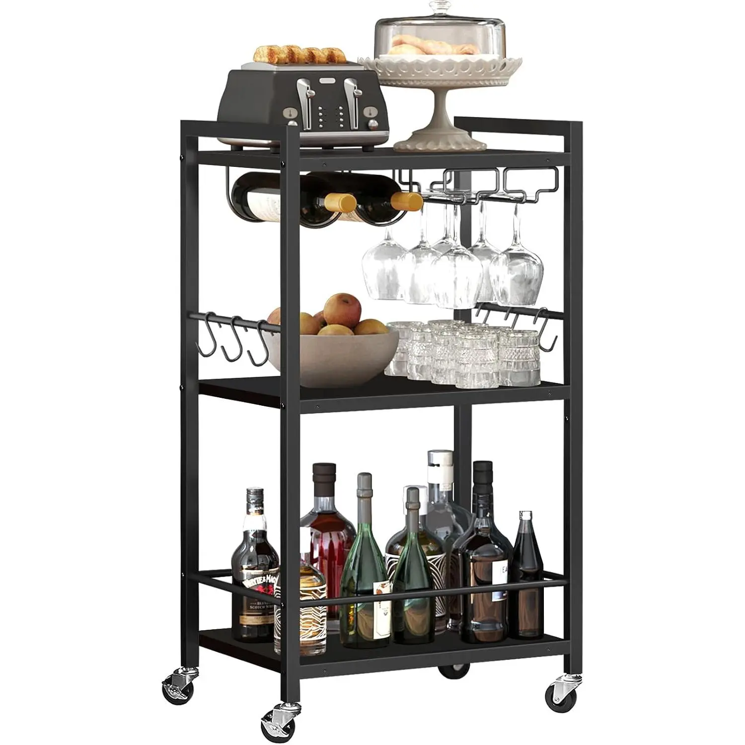 TUTOTAK Bar Cart with Wheels, Drink Cart with Wine Rack and Glass Holder | 3-Tier 17 Inch Wide Home Bar Serving Carts, Small Mobile Kitchen Shelf with 6 Hooks, Black BC01BK032