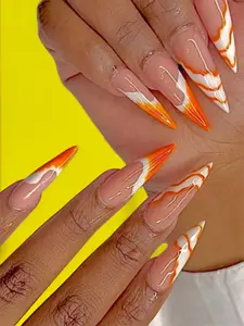 Long Pointed Wave Print Press-On Nails with Orange and White Swirl Design for Stylish Manicures - 24 Glossy Finish Nails for Any Occasion