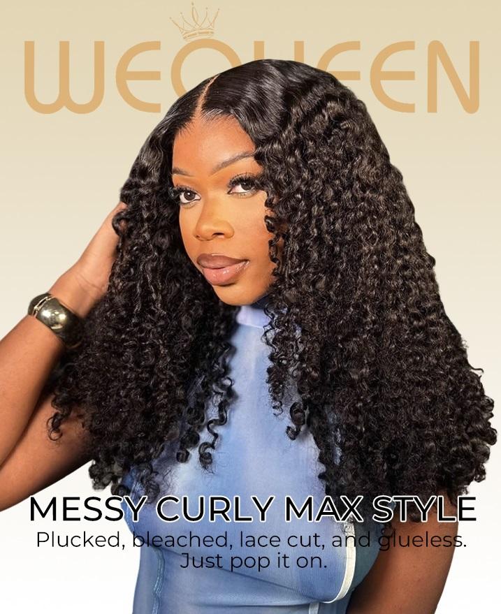 [Wequeen] Glueless 5x5 Messy Burmese Curly Lace Wig Pre Everything Lace Closure Wigs Human Hair Pre Cut Plucked Drawstring Wig Natural Black