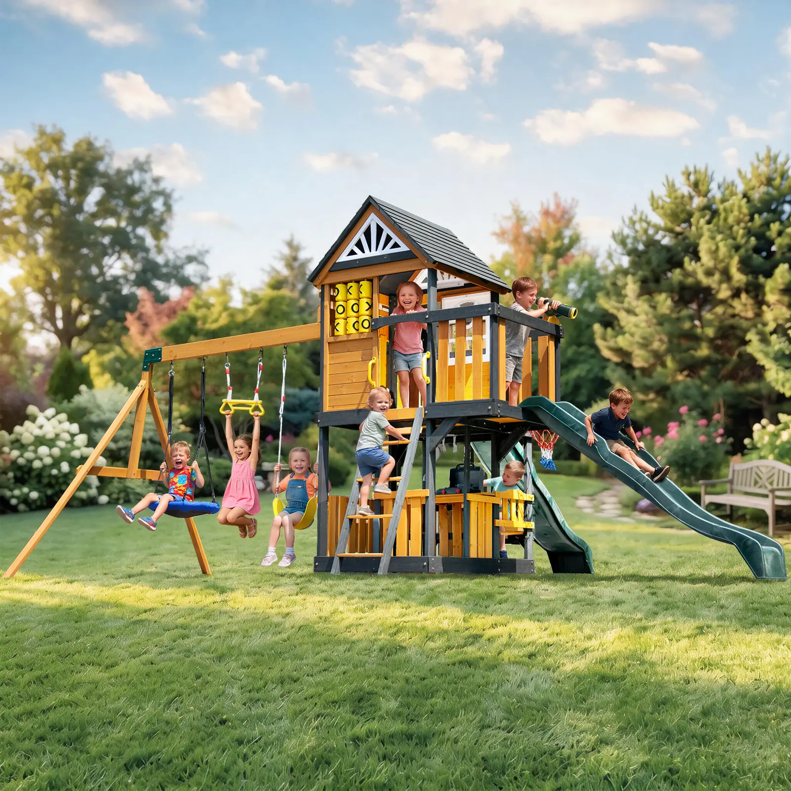 Cedar Wood Outdoor Play Swing Set for Backyard Kids - Playhouse, Double Slide, 3 Swings, Play Kitchen, Picnic Table, Basketball Hoop, Telescope, Tic-Tac-Toe