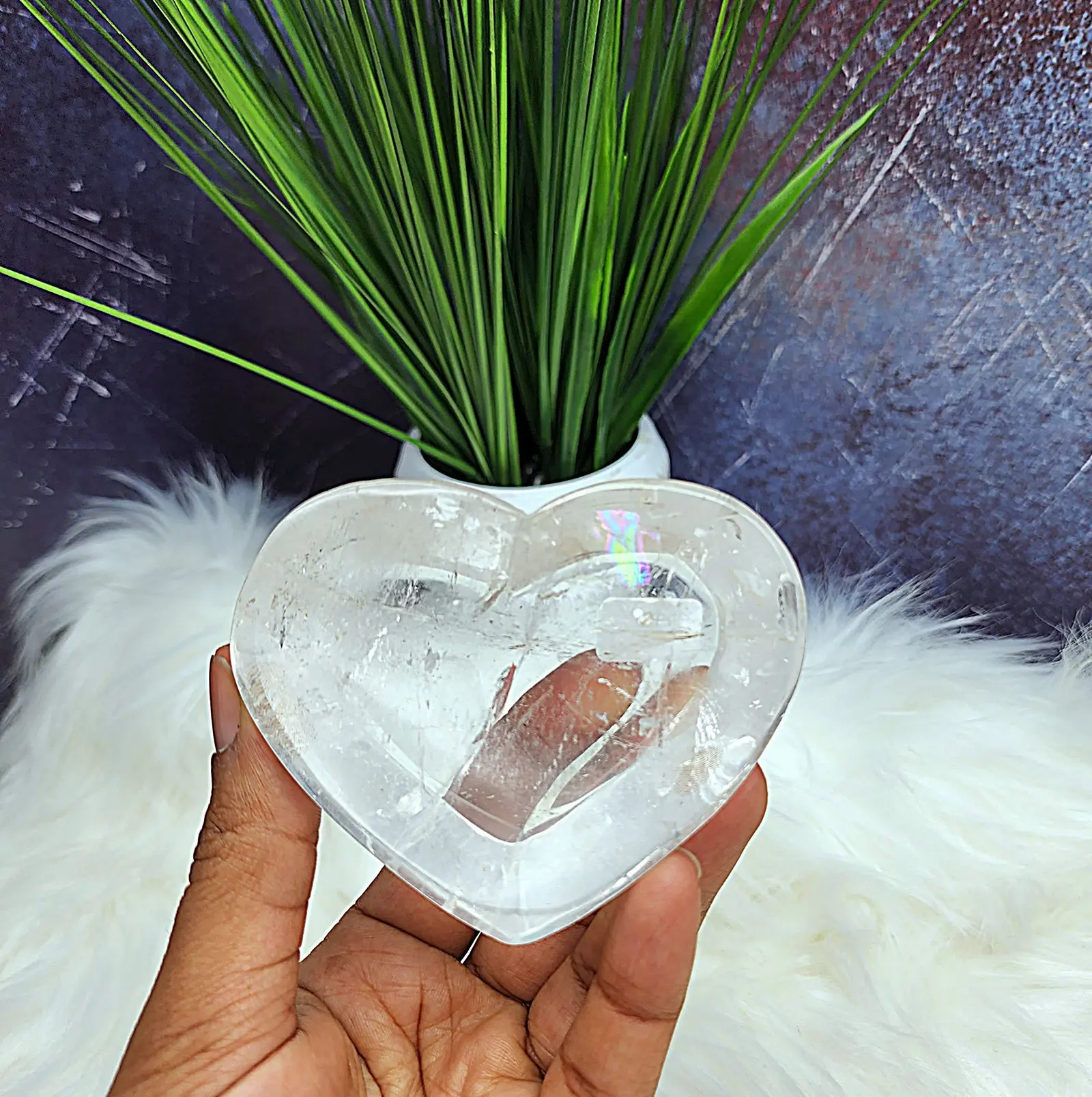 Clear Quartz Heart Bowl with Rainbows