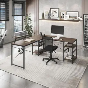 [Bellemave]Techni Mobili L-Shape Industrial Desk with storage shelves,