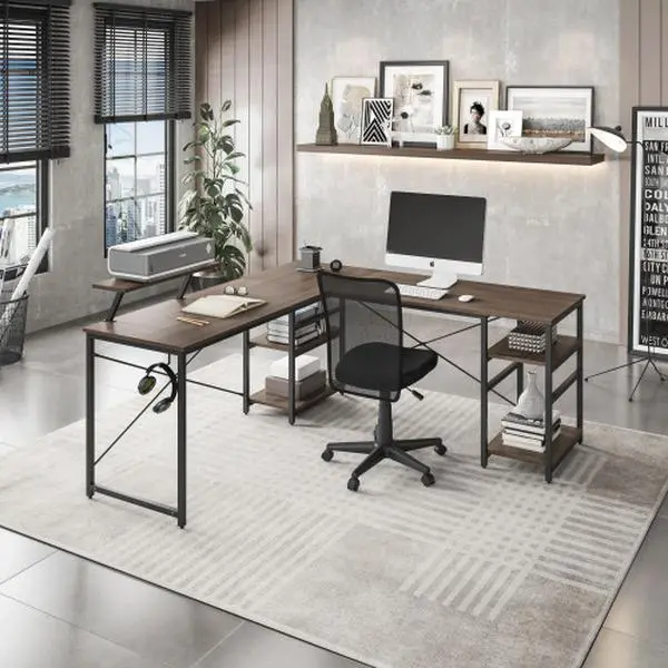 [Bellemave]Techni Mobili L-Shape Industrial Desk with storage shelves,