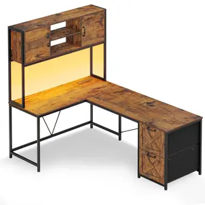 SIKAIC 86.6-Inch LED L-Shaped Gaming Desk - Brown Commercial Office Furniture, Desks for Gaming, Gaming Desks