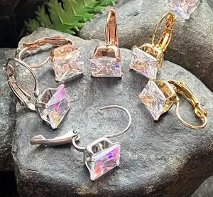 PAIR of Square CZ Gem Earrings w/ Lever Back 20g 316L Stainless Steel