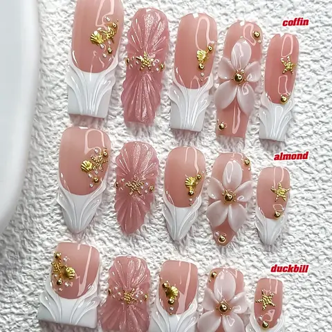 Live | CuraTique | Coral Blush Shell 10PCS Handmade Press On Nails REUSABLE 3D Gel Spring 2026 / Light Luxury、Lovely、Gorgeous