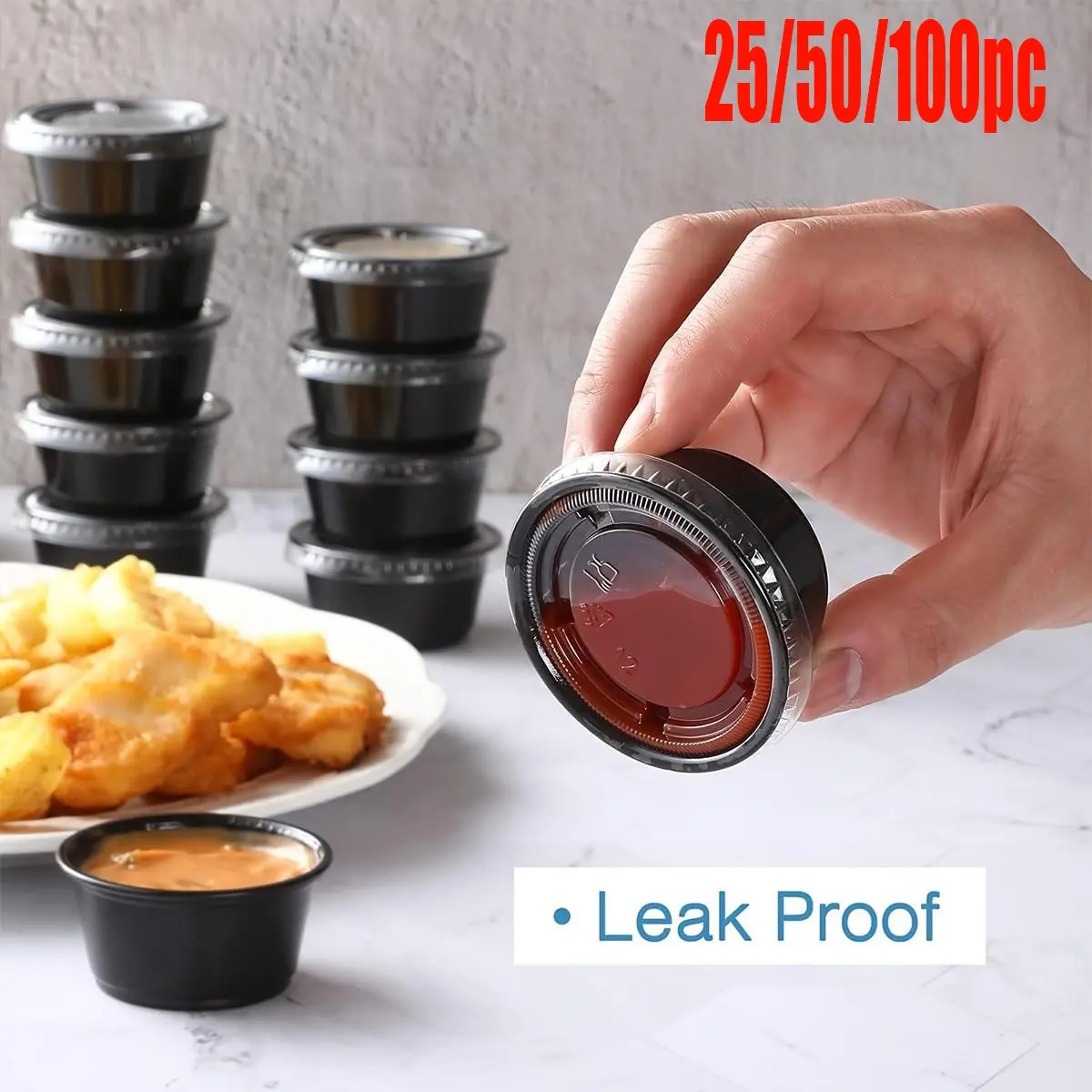 25/50/100pc Portion Cups, 2oz Condiment Cups with Lids, Sealed Leak Proof PP Plastic Containers, Salad Dressing Cup, Outdoor Friendly Camping, Snack Containers, Stackable Containers
