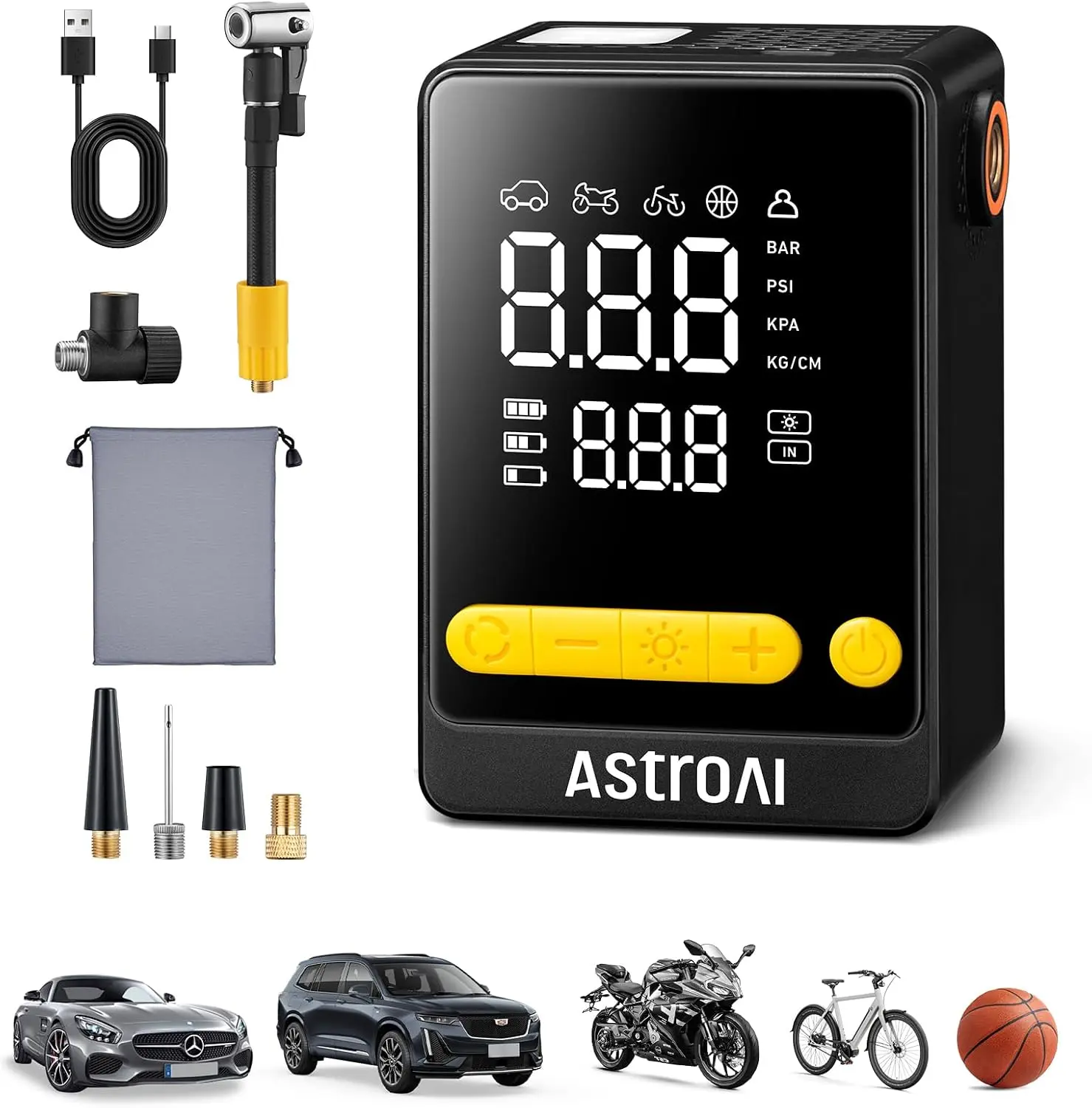 AstroAI Bike Pump, 12s Fast Inflate Electric Bicycle Pump, 150PSI Tire Inflator Portable Air Compressor, Ball Pump with Tire Pressure Gauge & LED Light, L10 Mini Air Pump Suitable for Car Tires, Bikes