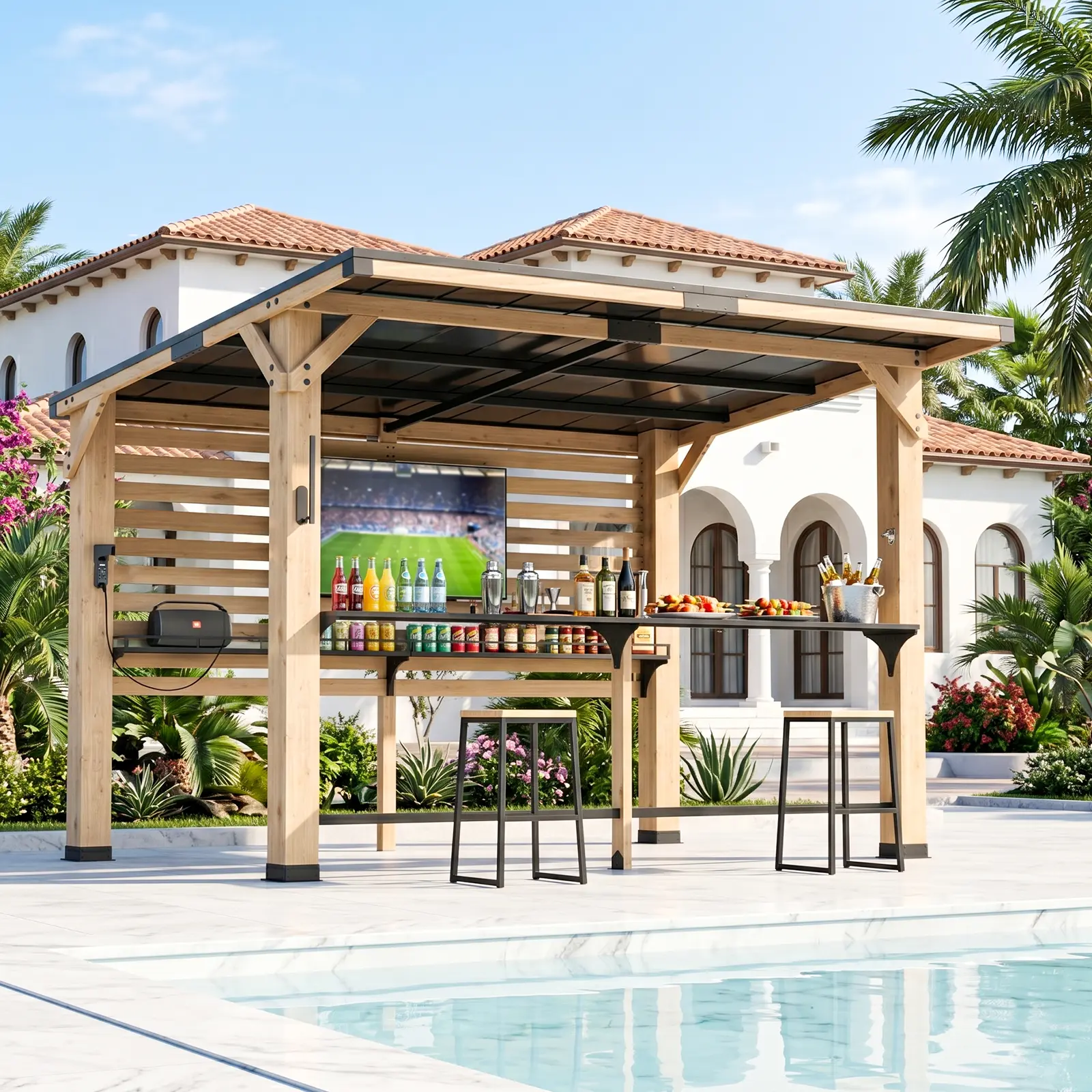 ABORON Sturdy Outdoor Grill Gazebo - Cedar Wood Patio Bar Pavilion with Galvanized Steel Roof, Power Outlets, TV Mount, BBQ Shelter Canopy for Backyard, Sun Protection, Movie Night, Sports Use, Outdoor Kitchens