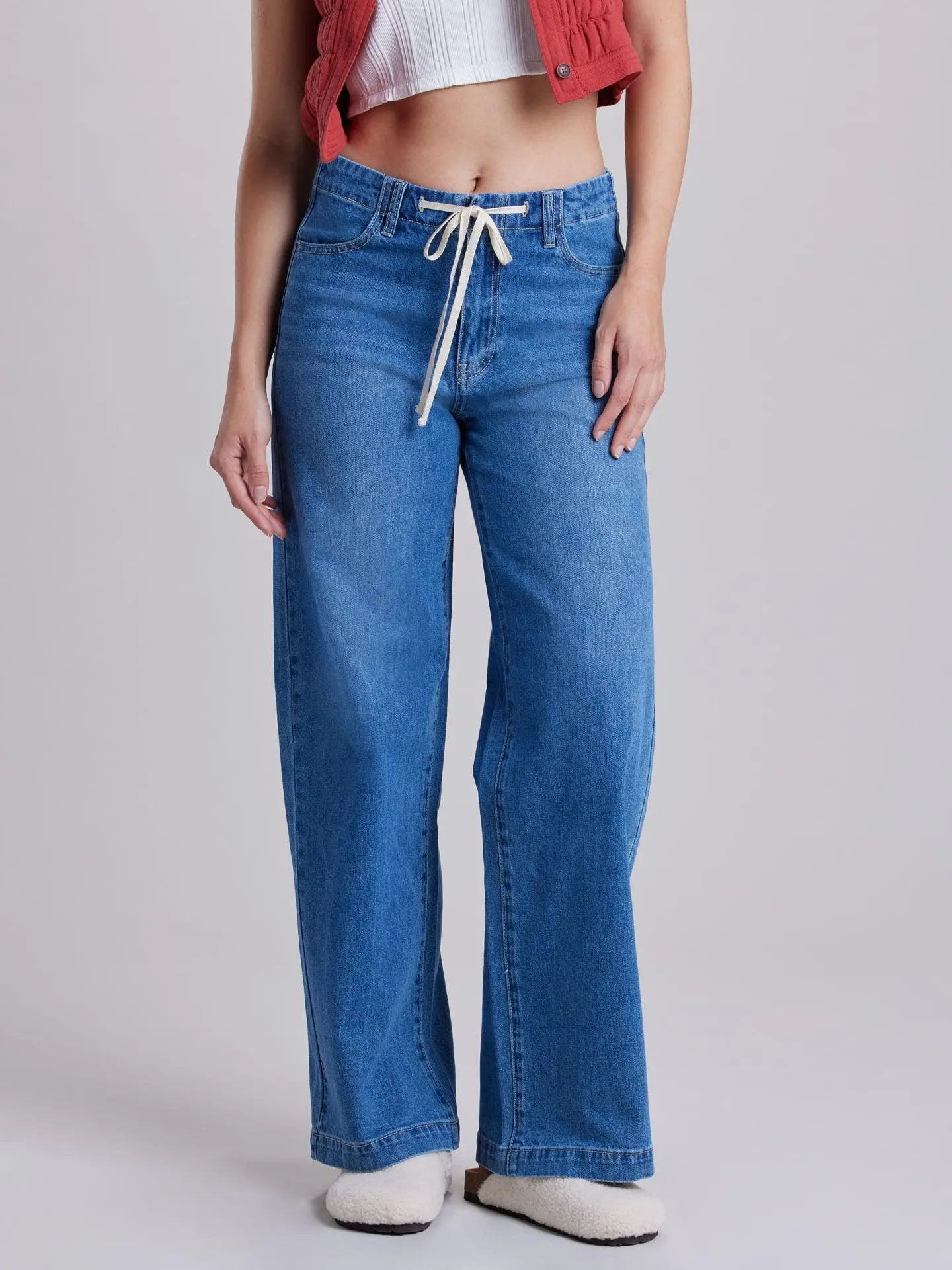 UNIONBAY Soleil Women's High-Rise Wide Leg Spandex Jeans - Soft Stretch Denim, Tie-Waist, Patch Pockets, Button Closure, Everyday Statement Bottom for All Seasons, Pants, Elastane